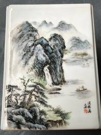 A square Chinese qianjiang cai brush pot with landscapes, 20th C.